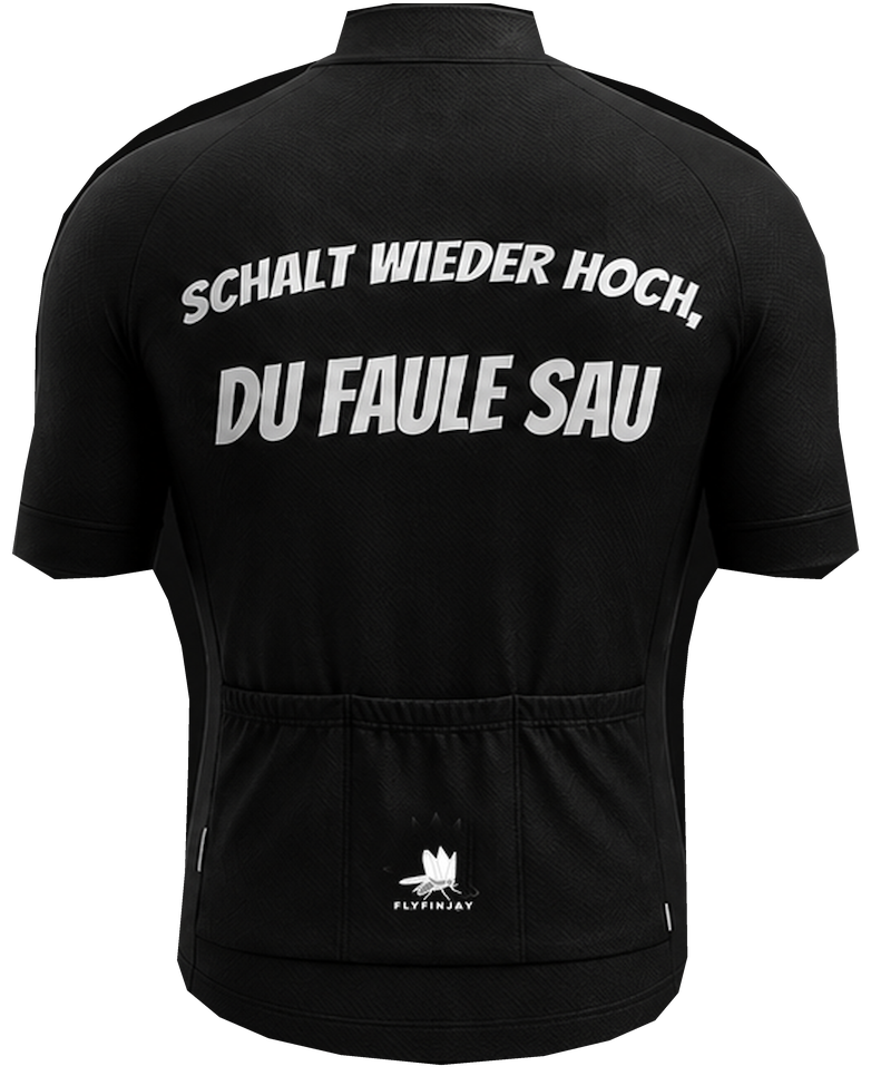 FlyFinjay cycling jersey with German slogan across the back