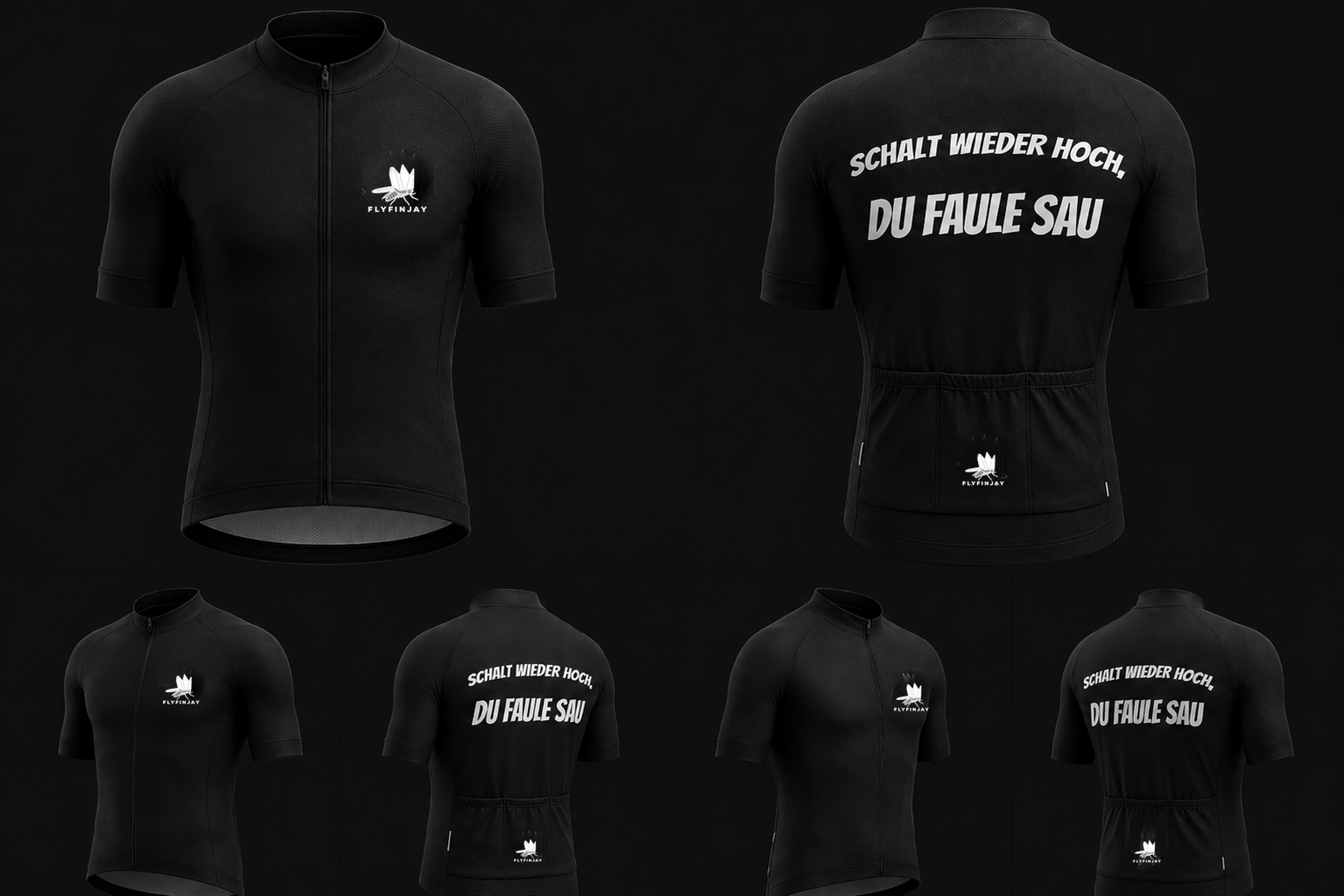 Multiple views of the FlyFinjay black cycling jersey